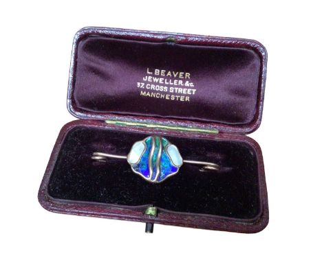 Art Nouveau 9ct gold, enamel and mother of pearl bar brooch, makers mark Murrle Bennet &amp; Co, 4.5cmThe pin is marked '9ct 