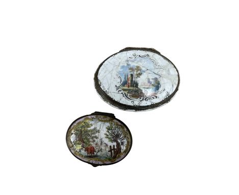 South Staffordshire oval lilac ground snuff box, circa 1780, with transfer printed reserve and floral sprigs, 5cm wide, toget