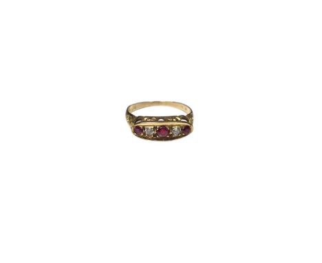 Ruby and diamond five stone ring in 18ct gold setting, size OMarks are very rubbed and worn. Weight 3 grams