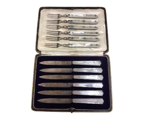 Cased set of six Goldsmiths &amp; Silversmiths silver and mother of pearl handled knives (London 1926) and a Victorian set of