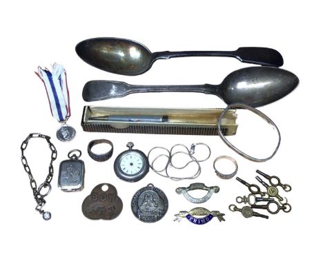 Georgian silver tablespoon, one other plated spoon, silver cased fob watch, collection of winding keys, silver bangle, silver