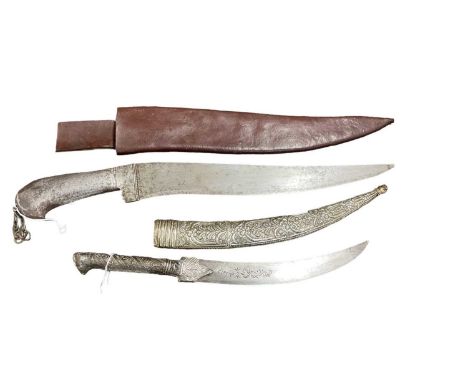 Indo Persian Pesh - Kabz knife in leather sheath, together with another Middle Eastern dagger in white metal scabbard. (2)