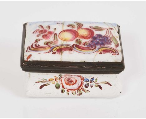 South Staffordshire rectangular snuff box, painted with fruits, circa 1760, of cushion form, 5cm wide