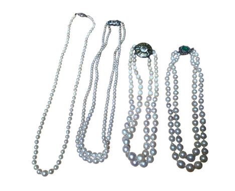 Cultured pearl necklace with 9ct white gold clasp and three other cultured pearl necklaces (4)