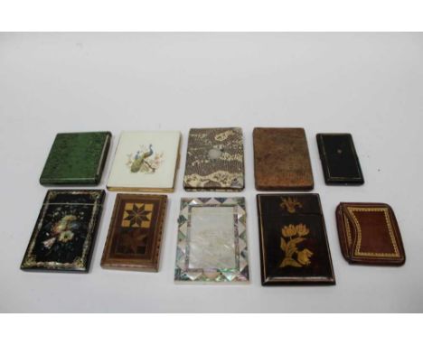 Collection of card cases, including mother of pearl, marquetry, snake skin and silver