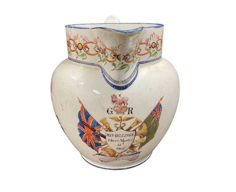 Military interest- Georgian pearlware pottery jug with hand painted panel depicting military trophies and named 'R. H. Billin