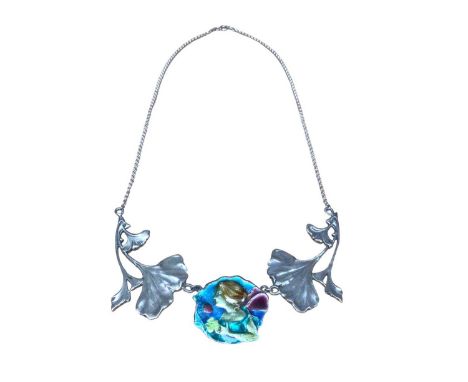 Art Nouveau style silver and enamel necklace depicting a fairy and flowers, 41cm long 