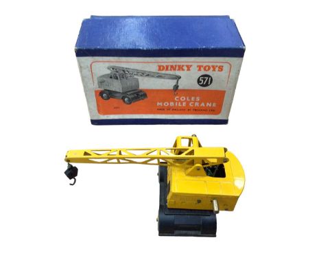 Dinky Cole's Crane, No.571, Tractor Tree Wagon, Charben' s Series, plus empty Dinky Toy boxes Shooting Star Jet Fighter 733 S