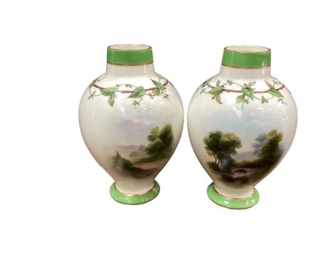 Pair of Royal Worcester vases, painted by Raymond Rushton with landscape scenes, foliate pattern to shoulder, 12cm high