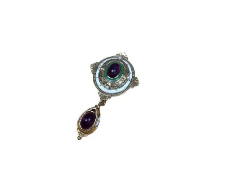 Victorian style renaissance design 9ct gold amethyst, pearl and enamel brooch with further suspending pendant, 8.2cm long in 