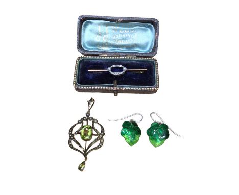 Edwardian 9ct gold peridot and seed pearl pendant, 5cm long, Edwardian diamond and seed pearl bar brooch, 4.5cm, and a pair o