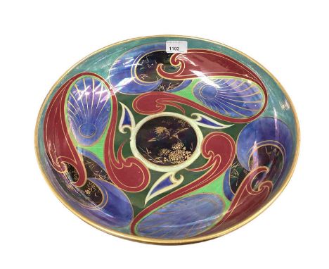 Shelley lustre bowl with abstract decoration, signed Walter Slater, 36cm diameterThere is natural crazing, and some gilt and 