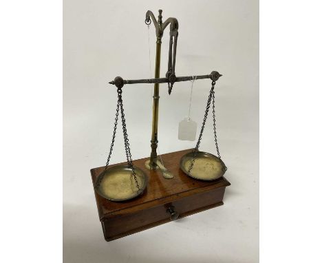 Good quality set of late 19th / early 20th century brass scales with box drawer containing set of stacking weights and other 