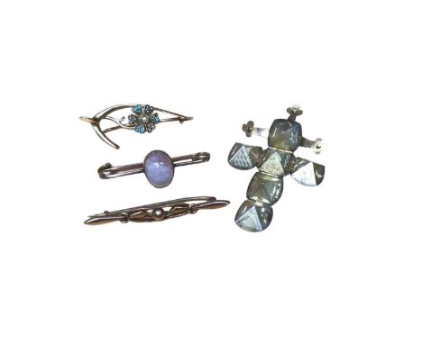 Edwardian 15ct gold seed pearl and turquoise floral brooch, two 9ct gold bar brooches and 9ct gold spherical charm which unfu