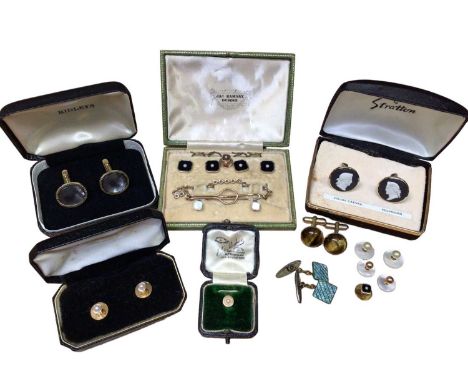 Set of four 9ct gold and black onyx dress studs with 18ct white gold borders in fitted leather box, three other 9ct gold dres