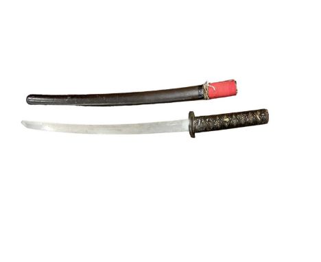 Antique Japanese Wakasashi sword with curved blade (probably cut down) with civilian mounts and lacquer scabbard, the blade 5