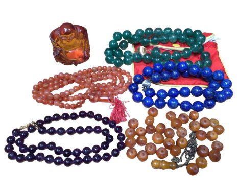 Adventurine jade bead necklace on 14ct gold clasp, lapis lazuli bead necklace with 14ct white gold clasp, two other bead neck
