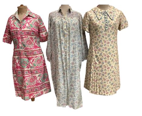 Designer Susan Small 1960s floral print dress, 1970s Jaeger floral dress with shoulder smocking, similar period Jaeger black 
