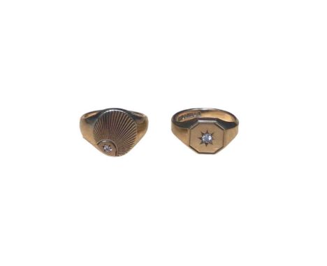 Two 9ct gold diamond set signet rings to include an oval panel ring size R and an octagonal panel ring, size QTotal weight 15