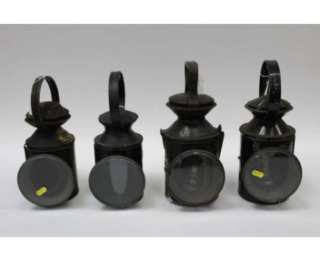 Group of four railway lamps, the largest 35cmThe first and second do not have interior fittings. The third does but has a sti