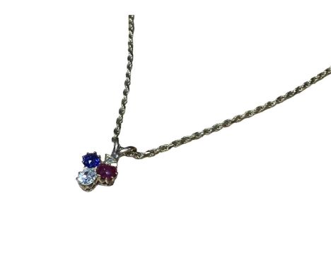 Victorian diamond ruby and blue sapphire pendant in the form of a spade, on a modern 9ct gold chain, 45.5cm longTotal weight 