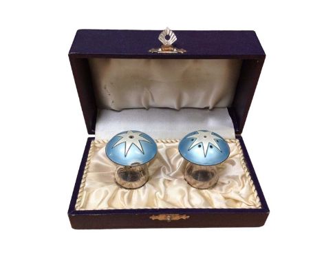 Pair of Danish silver and enamel novelty salt and pepper casters in the form of toadstools, makers mark ELA, 4cm high, in fit