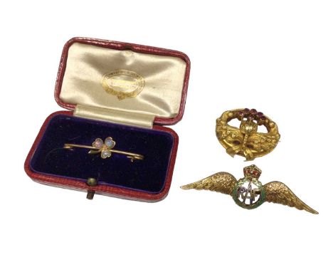 9ct gold and enamel RAF wings sweetheart brooch, Edwardian yellow metal opal three leaf clover bar brooch and one other antiq