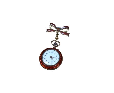 Early 20th century Swiss red enamel fob watch with silver gilt and red enamel bow shaped brooch attachmentThe watch runs for 