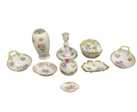 Nine pieces of Herend porcelain with hand painted floral and butterfly decoration comprising vase, candlestick, three shaped 