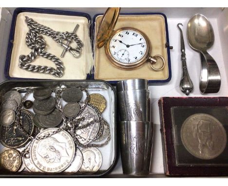 Silver watch chain, silver christening spoon, three 800 standard silver beakers, gold plated full hunter pocket watch and var