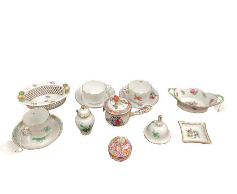 Fourteen pieces of Herend porcelain to include cups and saucers, dishes etc (various patterns)The pierced jar and cover has a