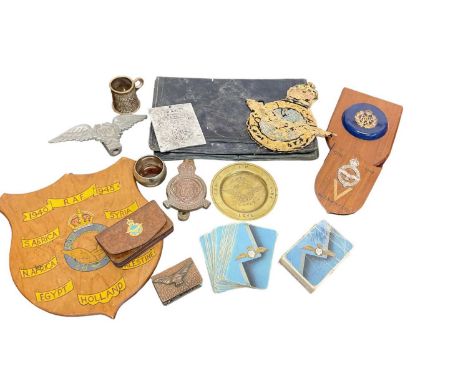 Second World War W.A.A.F. Handbag with embossed badge, two packs R.A.F. Playing cards  and lot R.A.F. Related plaques and met
