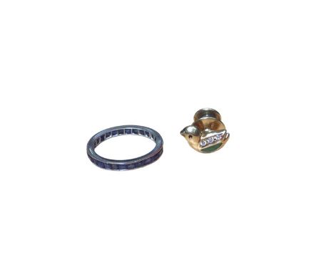 Platinum and blue sapphire eternity ring in channel setting, size M and a gold (750) enamel and paste set novelty pin in the 