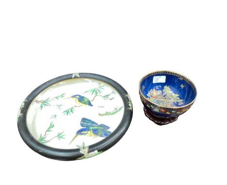 Kingfisher birds a Carlton Ware floating bowl pearl lustre, 31cm diameter and a Carlton Ware bowl with Chinese figures with s