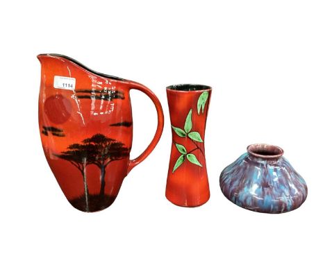 Poole African Sky jug, together with a Poole vase and another squat vase (3)Squat vase has one very small nick to the glaze. 