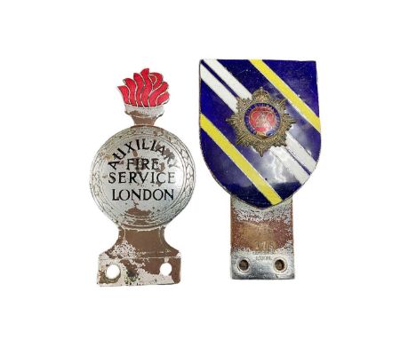 Scarce Auxiliary Fire Service London enamel car badge, together with an Army Service Corps car badge by J.R.G &amp; S, L'DN. 
