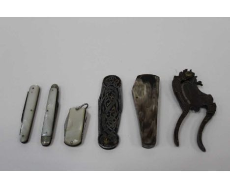 19th century steel and horn fleam by William Webster Sycamore Works, together with four penknives including mother of pearl a