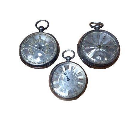 Victorian silver pocket watch with silvered dial and gilt decoration, one other similar and a Continental silver pocket watch