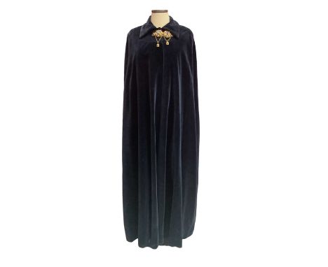 Full length midnight blue velvet cloak with a pair of enamel Czechoslovakian fastening clips.