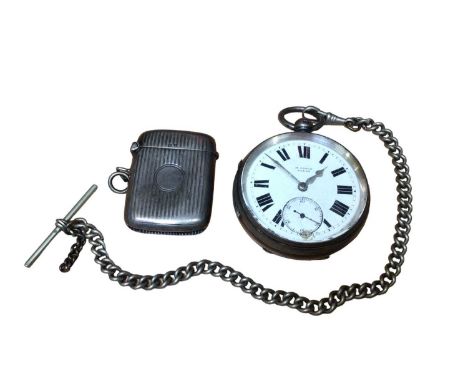 Edwardian silver cased pocket watch by H. Stone, Leeds (Chester 1906) on a plated chain and a silver vesta case