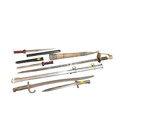 Two Japanese daggers, two bayonets, Kyber knife scabbard and reproduction American sword with scabbard (6)