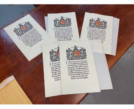 Group of five original unused First World War memorial (death) plaque citation cards / scrolls