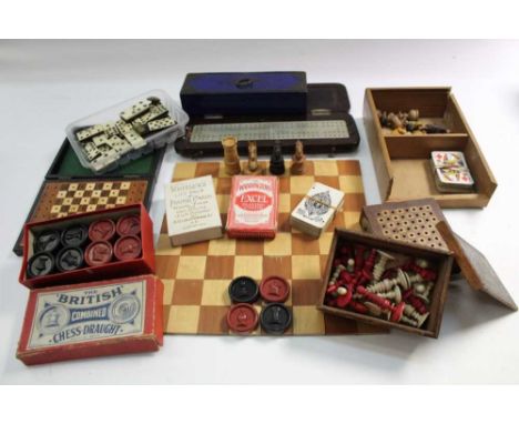 Chess set, cribbage board, playing cards, games, etc (one box)