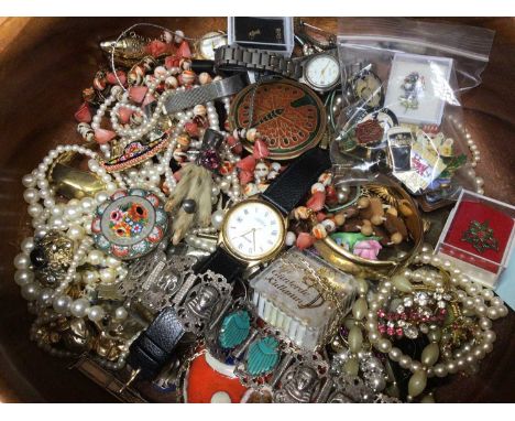 Costume jewellery including simulated pearl necklaces, micro mosaic brooch, collection of enamelled pins, wristwatches and bi