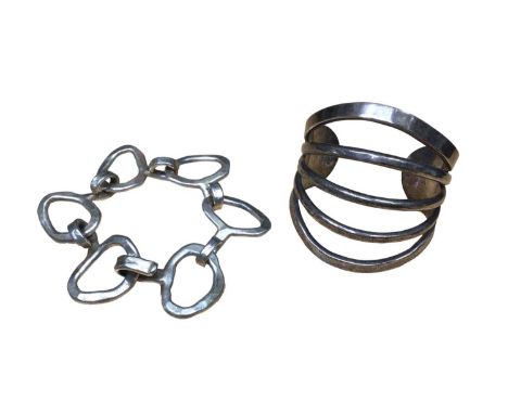Danish silver plated modernist oval link bracelet by Jacob Hill for Buch &amp; Deichmann and a Mexican white metal five band 