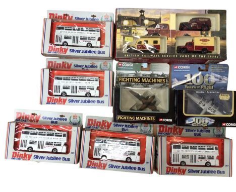 Diecast selection of boxed Dinky buses, cars, Corgi Aeroplanes, fighting machines etc. (Qty)