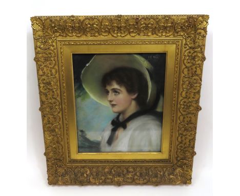 JOHN ERNEST BREUN (1862-1921)Thoughts Far Away, Portrait of a lady wearing a bonnet PastelSigned upper right29cm x 34cm 