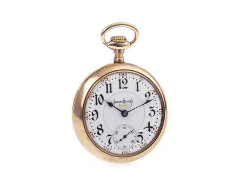 ILLINOIS WATCH CO GOLD PLATED OPEN FACEKEYLESS WIND POCKET WATCH, signed Bunn Special 21 jewel movement numbered 186220, the 