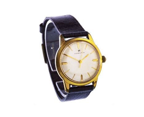 GENTLEMAN'S HAMILTON GOLD PLATED MANUAL WIND WRIST WATCH, 1960s, the round buff dial with applied gold coloured baton hour ma