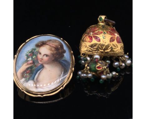 AN ANTIQUE HAND PAINTED OVAL PORTRAIT MINIATURE BROOCH CONVERSION OF A MAIDEN HOLDING FLOWERS, THE REVERSE ENGRAVED ESTHER, F
